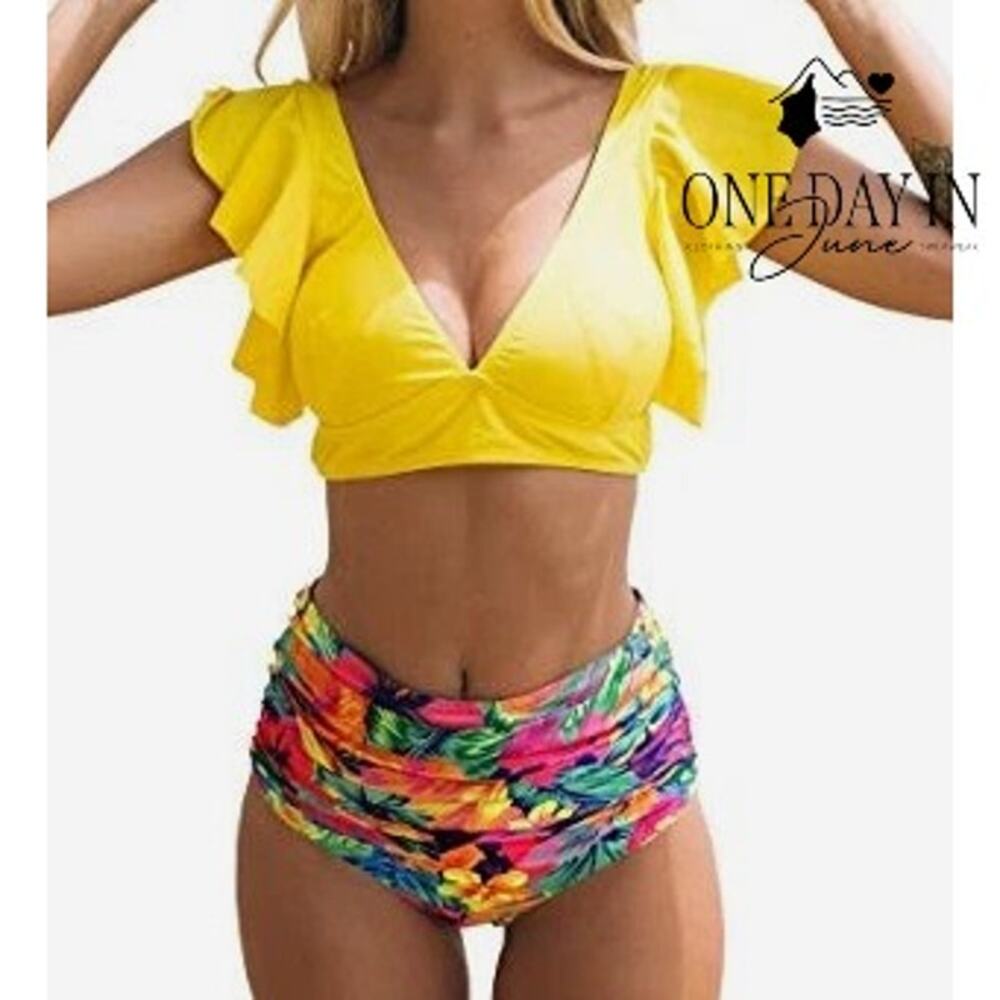 Sporlike High Waist Ruffle Shoulder Bikini Swimsuit Size M